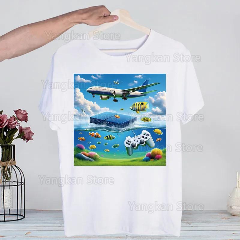 Frutiger Aero Men Shirt Harajaku Mens Clothing Summer Streetwear Casual Loose Print Tee Short Sleeve Tops