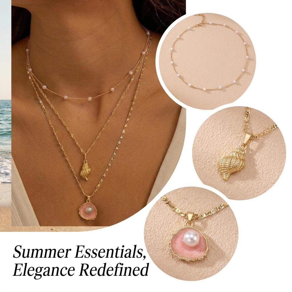 Bohemia Conch Shell Pendant Necklace for Women Multi Layer Simple Imitation Pearl Choker Necklace Summer Vacation Party Jewelry