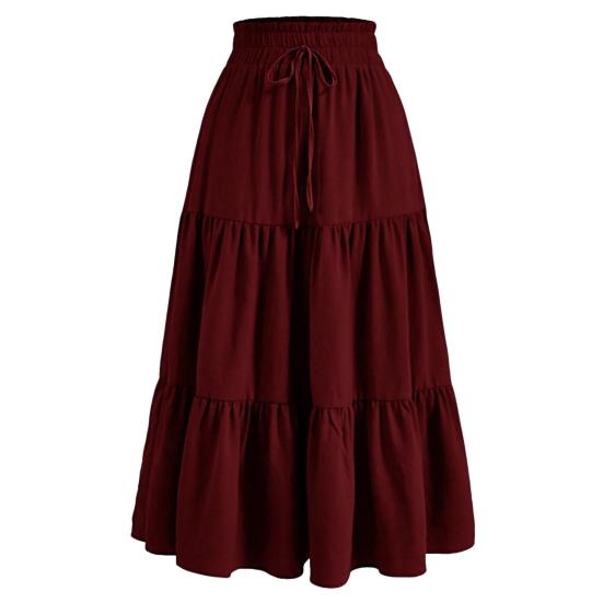 Bohemian Style Women Skirt Elastic High Waist Adjustable Drawstring Cake Skirt Solid Color A-Line Summer Skirt