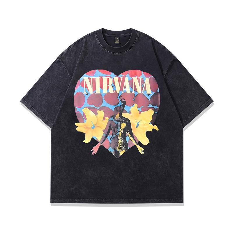 Men'S Pure Cotton T-Shirt European And American High Street Vintage Washed Nirvana Band Printed Short-Sleeved T-Shirt Men
