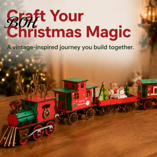 Family Activity Project DIY Wooden Christmas Train Craft Kit, Vintage Reindeer Locomotive Puzzle Model, Gift for Lovers Festive Tabletop Decor