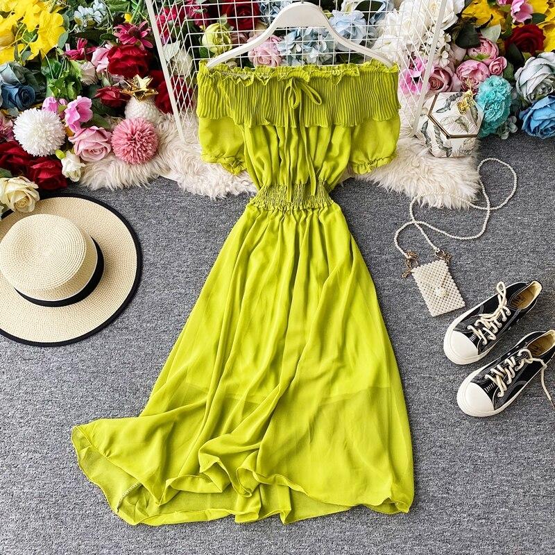 Платье для летних каникул Супер Фея Сладкие плиссированные длинные шифоновые женские платья с воротником с открытыми плечами в западном стиле