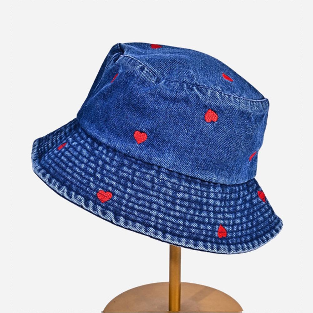 Love Heart Embroidery Denim Fisherman Hat Versatile Sun Protection Hat Fashion Bucket Hat Women