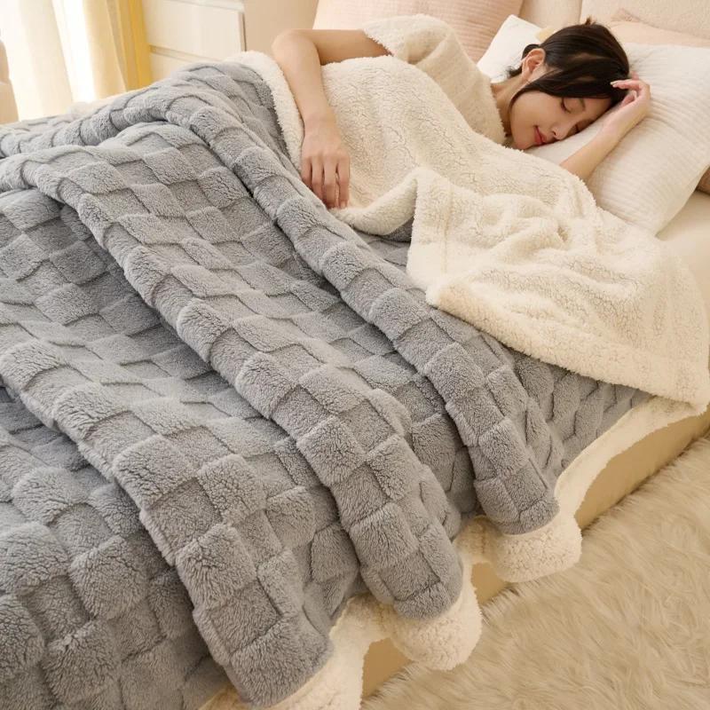 Fluffy Fleece Plaid Blanket Winter Thicken Blankets Duvet Cover Double Sided Sofa Bed Cover Soft Warm Throw Bedspread Bedroom