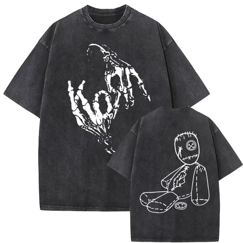 Washed Vintage Alternative Nu Metal Rock Band Korn Print Tshirt Men Oversized T-shirts Male Fashion T Shirts Y2k