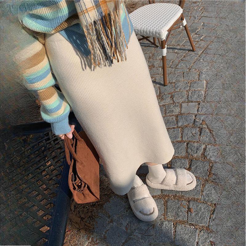 Женская вязаная юбка-полусолнце из толстого флиса с подкладкой из меха норки, однотонная, универсальная, минималистичная, с высокой талией, облегающая, карандаш, прямая, с разрезом