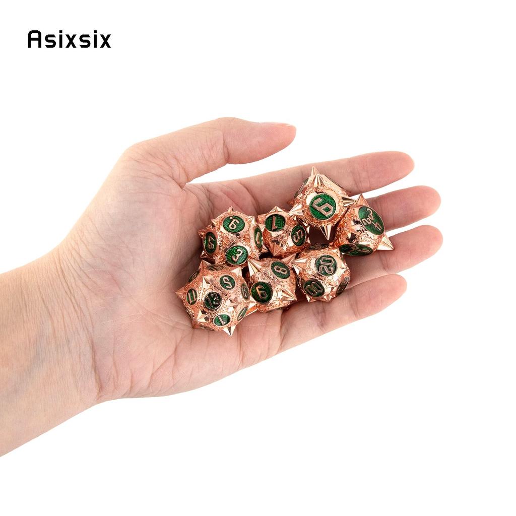 7 Pcs Copper Green Meteor Hammer Metal Dice Solid Metal Polyhedral Dice Set Suitable for Role-Playing RPG Board Game Card Game