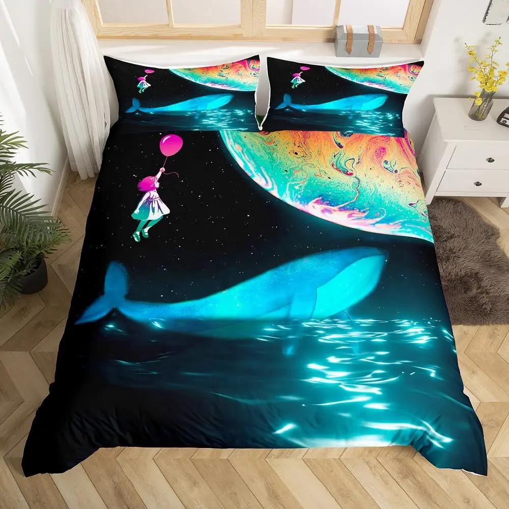 Комплект постельного белья «Кит» размера «queen-size» с изображением звезд и звезд, вселенной, туманности, синего цвета, галактики и океана, комплект постельного белья с изображением морских существ