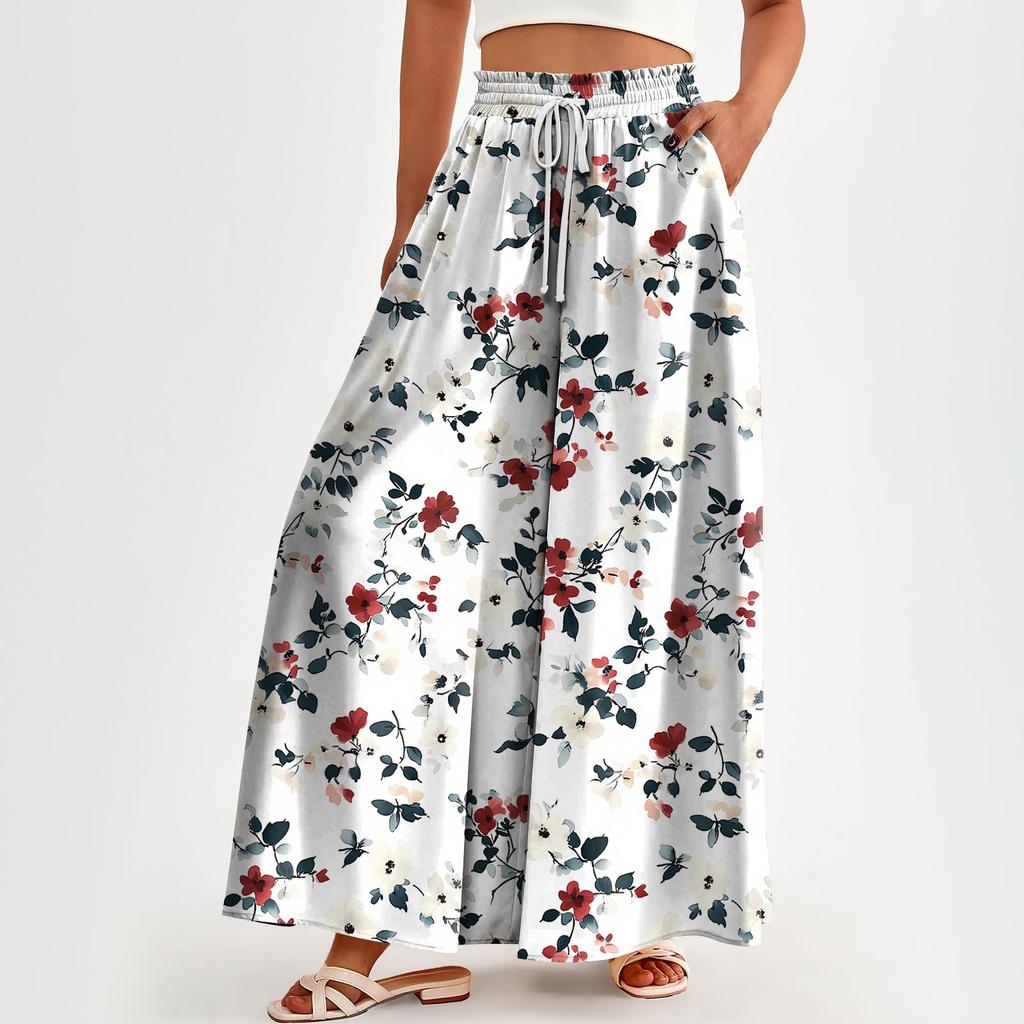 Женские брюки с высокой талией, широкие, повседневные, струящиеся брюки-палаццо, брюки с цветочным принтом и карманом
