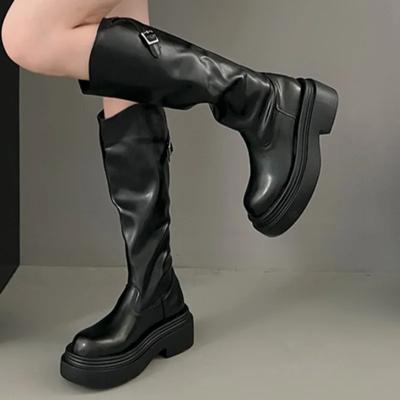 Женские рыцарские сапоги 2024 года, новые высокие сапоги на толстой подошве в британском стиле, осень и зима, высококачественный дизайн с пряжкой на ремне Botas Mujer