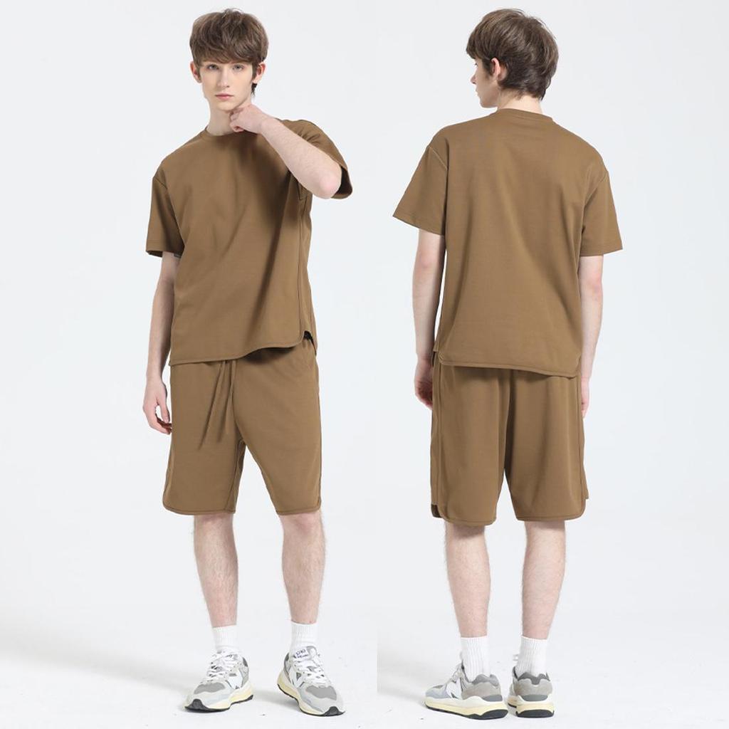 Мужской комплект из двух предметов: верх-нижний, хлопок, полиэстер, футболка с короткими рукавами, четверть брюки на шнурке, однотонные свободные рубашки и шорты, повседневная спортивная одежда