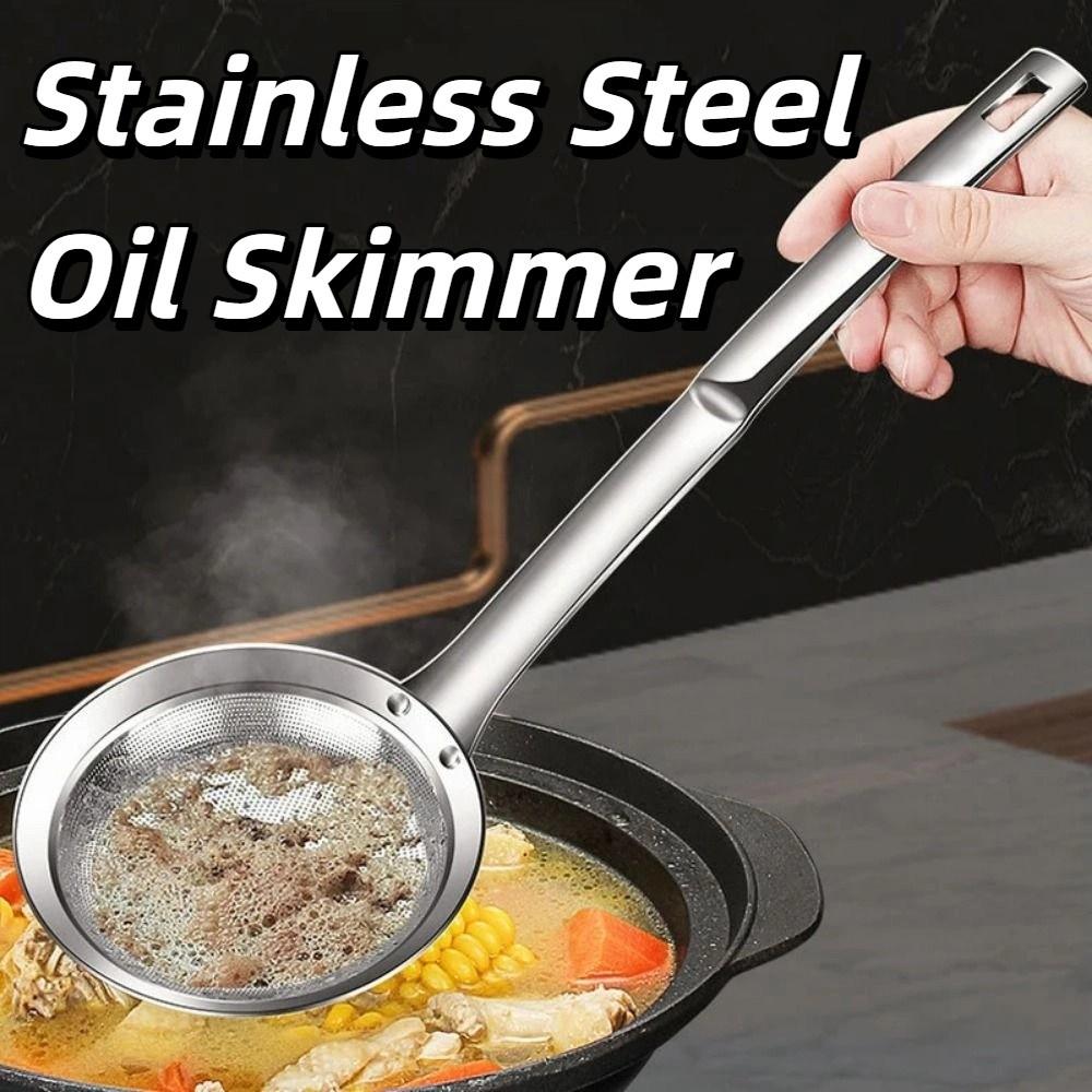 Long Handle Stainless Steel Oil Skimmer Reusable Comfortable Handle Oil Filtering Spoon Durable Household Kitchen Strainer