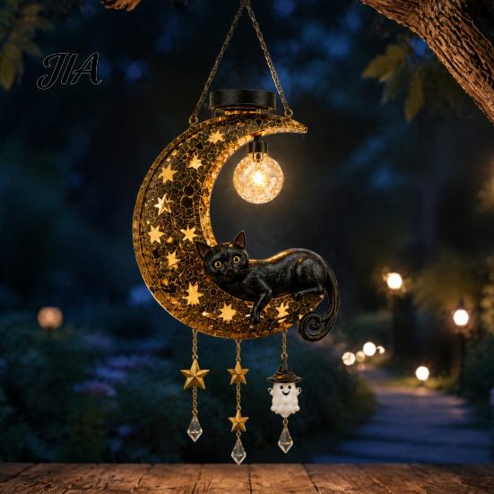 Whimsical Cat Sculpture for Garden Solar Halloween Hanging Moon Lamp with Ghost Star Charm, Black on Crescent Illuminated Outdoor Decor Home