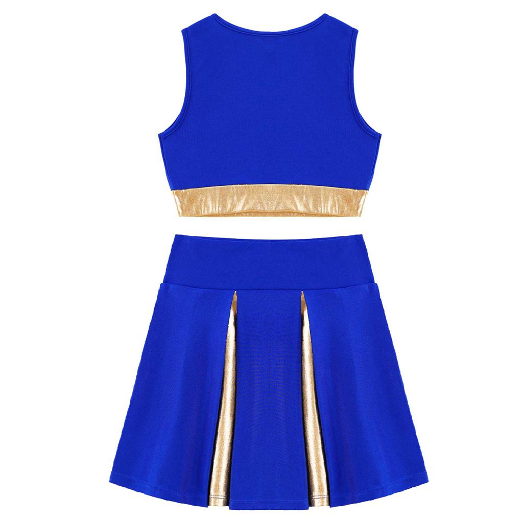 Kids Girls Cheerleading Costume Cheerleader Uniform Sleeveless V Neckline Letter Print Crop Top with Elastic Waistband Skirt