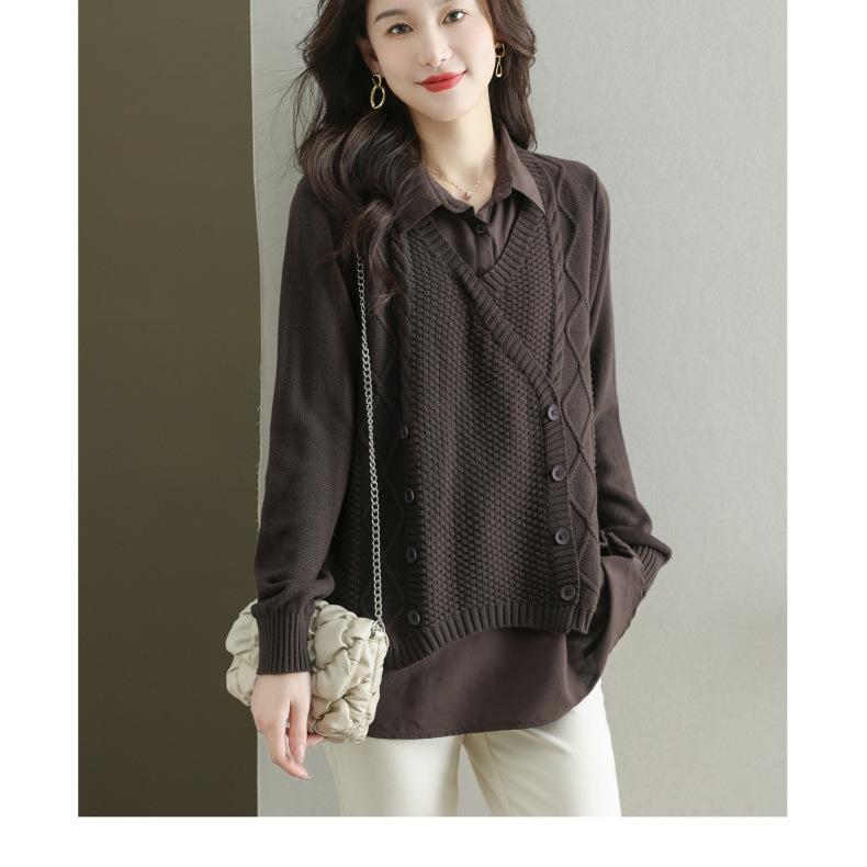 Autumn Loose Shirt Collar Sweater Fake Two-piece Pullover Top Women's Solid Long Sleeve Mid Length Knitted Sweater