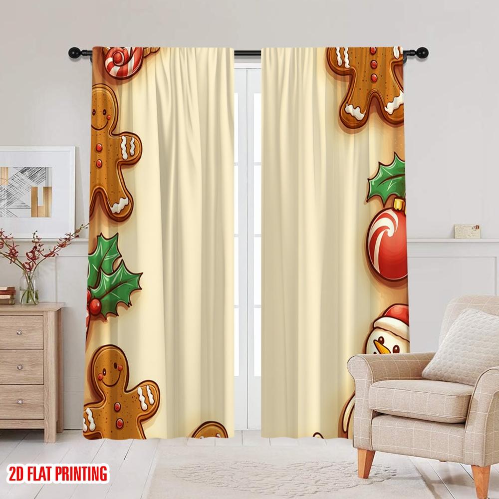 2pcs,2D plane printing Curtains Christmas Cookies Border Festive Treats (4) Versatile Fabric (without rod) Art Deco Festive