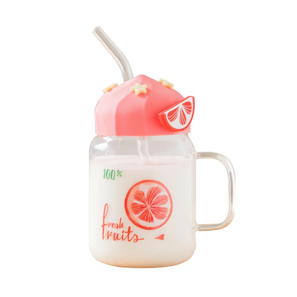 Beautiful Summer Transparent Fruit High Temperature Glass Cup Cute Large Capacity Cover Straw Student Female Milk Breakfast Cup Office