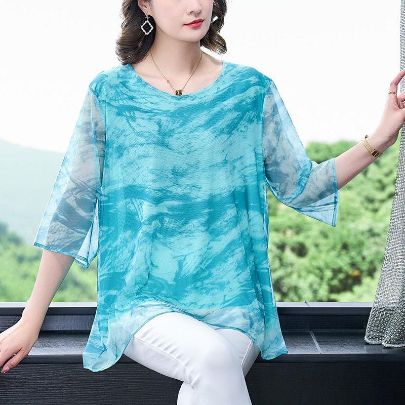 Весенне-летняя женская шифоновая рубашка, модная тонкая, чтобы прикрыть живот, сетчатая марлевая блузка с тонкими секциями, новая женская рубашка