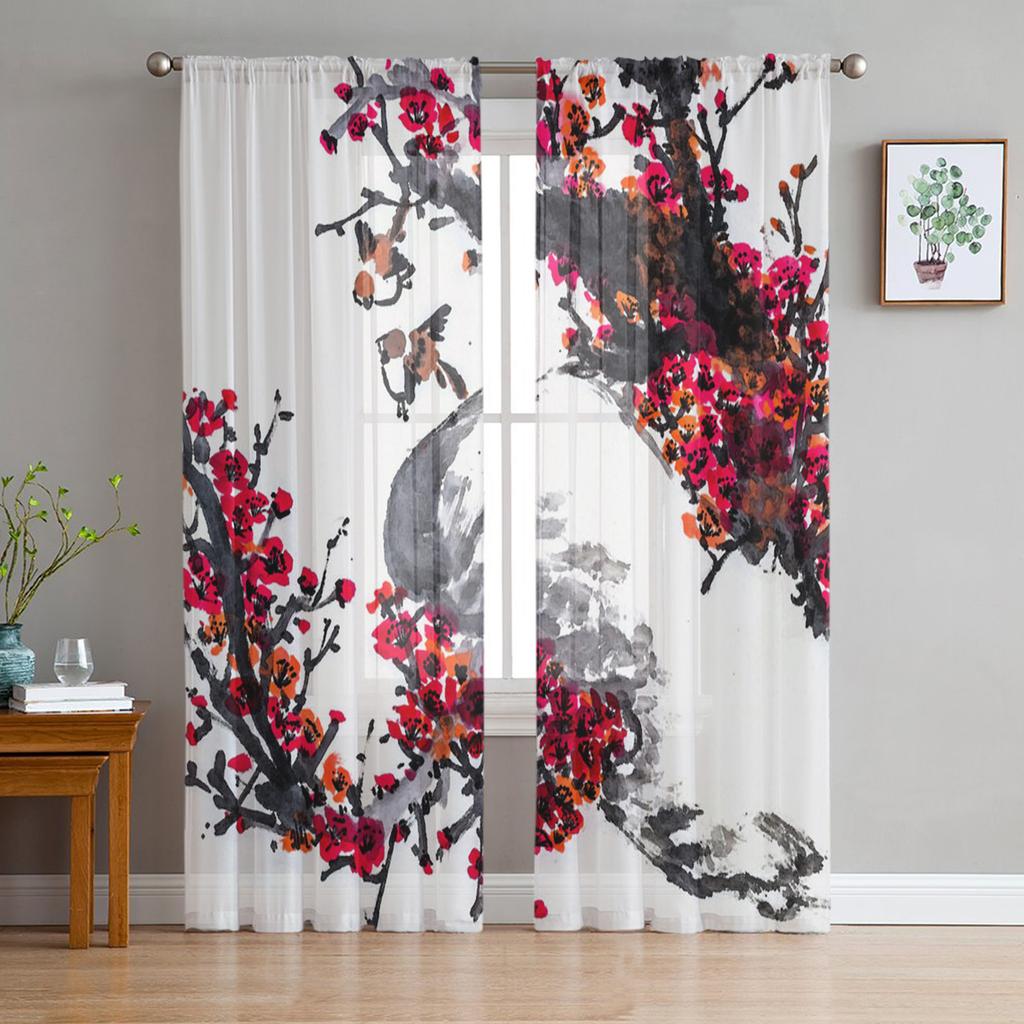 Ink Plum Blossom Flower Plant Tulle Sheer Curtains for Living Room Decoration Window Curtain for Bedroom Voile Organza Drapes