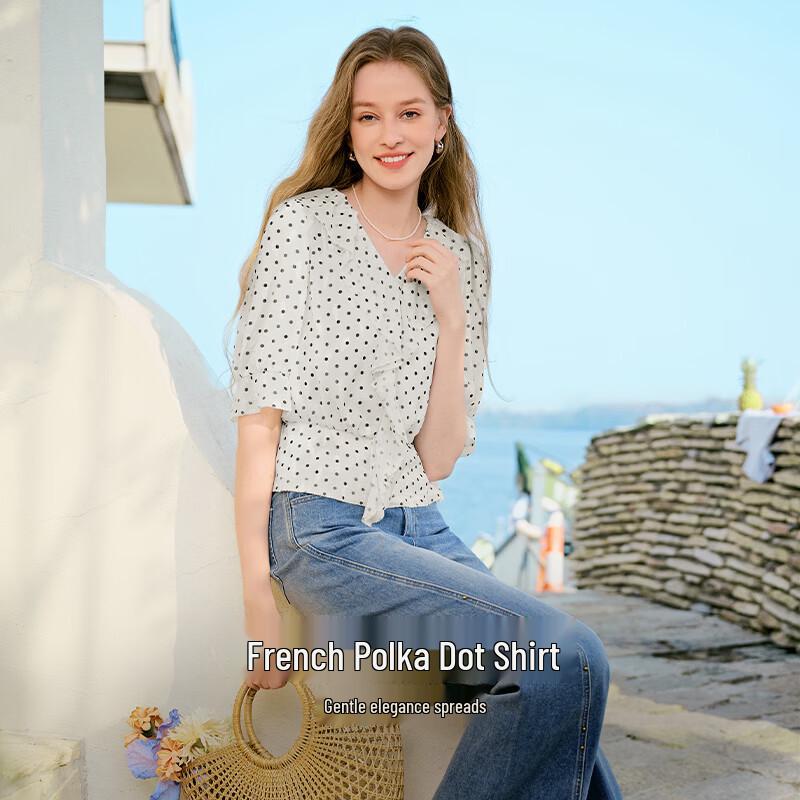 Women's Polka Dot Ruffle V-Neck Blouse