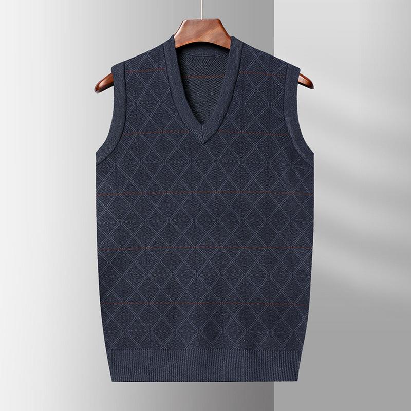 Men's V-neck Sweater Vest Autumn and Winter Sleeveless Vest Sweater for The Elderly with A Shawl Diamond Bottoming Sweater