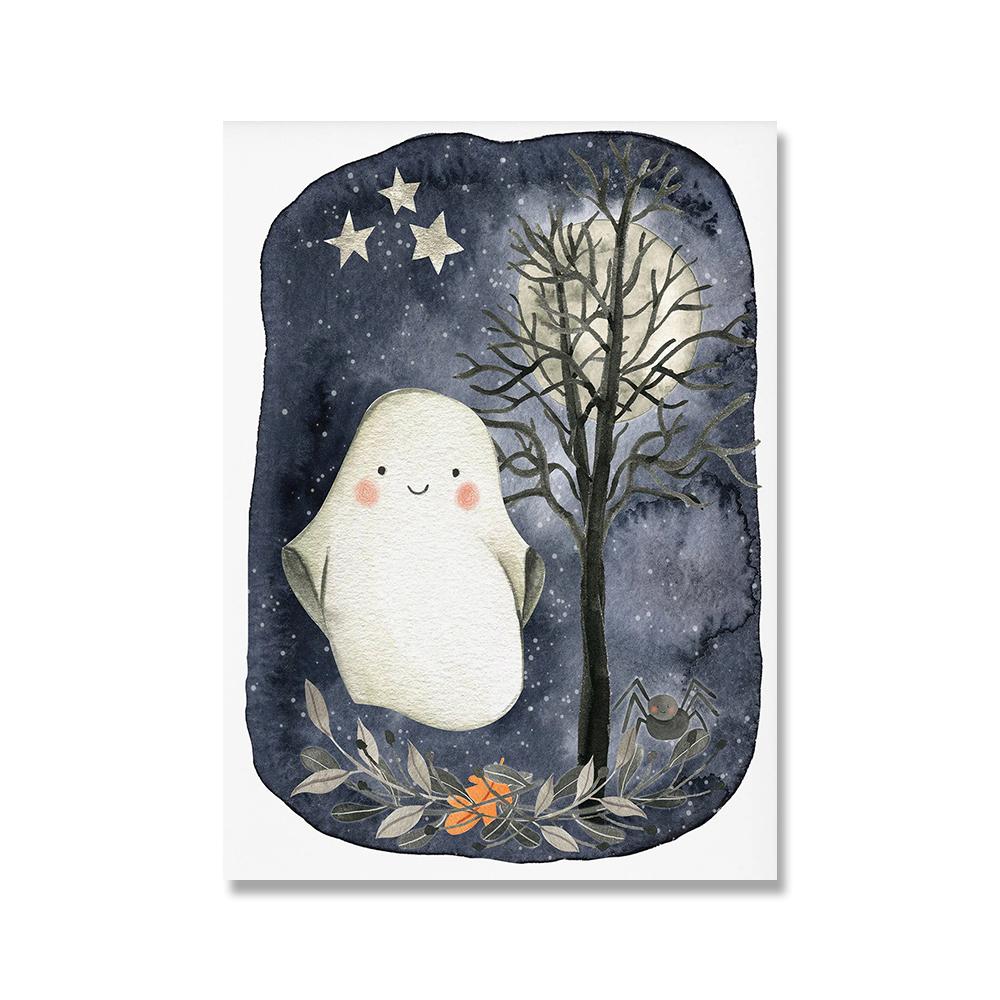 Bat and Jack Lantern Halloween Wall Art Canvas Painting Cute Black Cat And Ghost Poster Wall Picture for Kids Halloween Decor