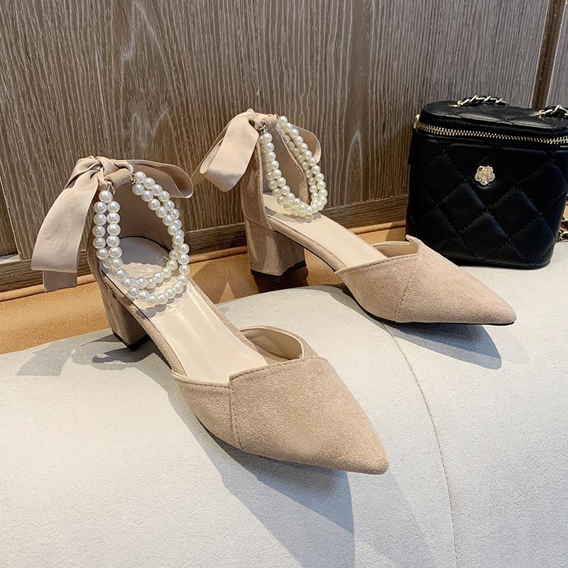 Fashion 2025 Summer New Women Hihg Heels Simple Low Heels Pointed Toe Shoes Women Fashion Footwear Ladies Fashionable Pearl Women Shoes