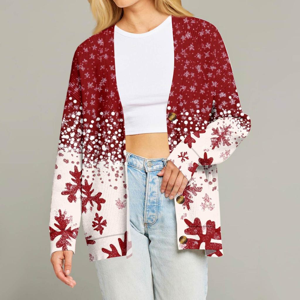 Женский модный кардиган с длинным рукавом, V-образным вырезом, на пуговицах, свободного кроя, с рождественским принтом
