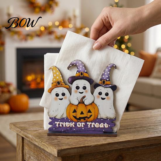 Seasonal Home Accents Halloween Wooden Napkin Holder, Ghost Pumpkin Decorative Tabletop Tissue Dispenser, Gift for Paper Storage Organizer Holiday