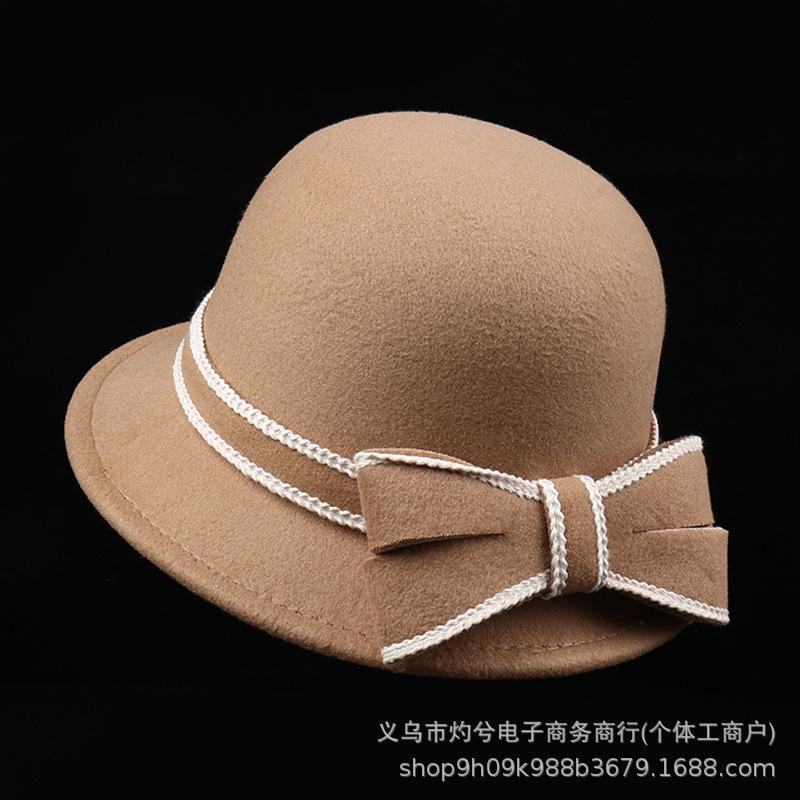 Celebrity bow woolen basin hat women's autumn and winter felt hat outdoor warm top hat large brim versatile