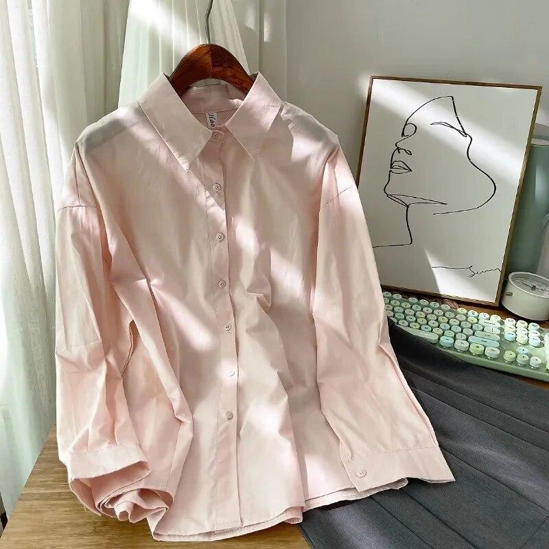 Autumn Korean Fashion Solid Simple Long Sleeve Shirt Women Cotton Blouse Turn Down Collar Tops Loose Clothes Blusas 29622