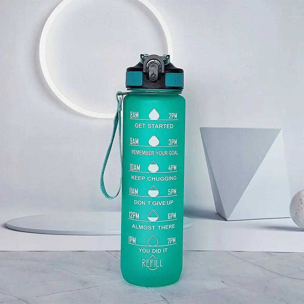1L Sports Water Bottle With Straw Time Marker Gradient Color Motivational Bottle Leakproof Outdoor Student Drinking Water Cup
