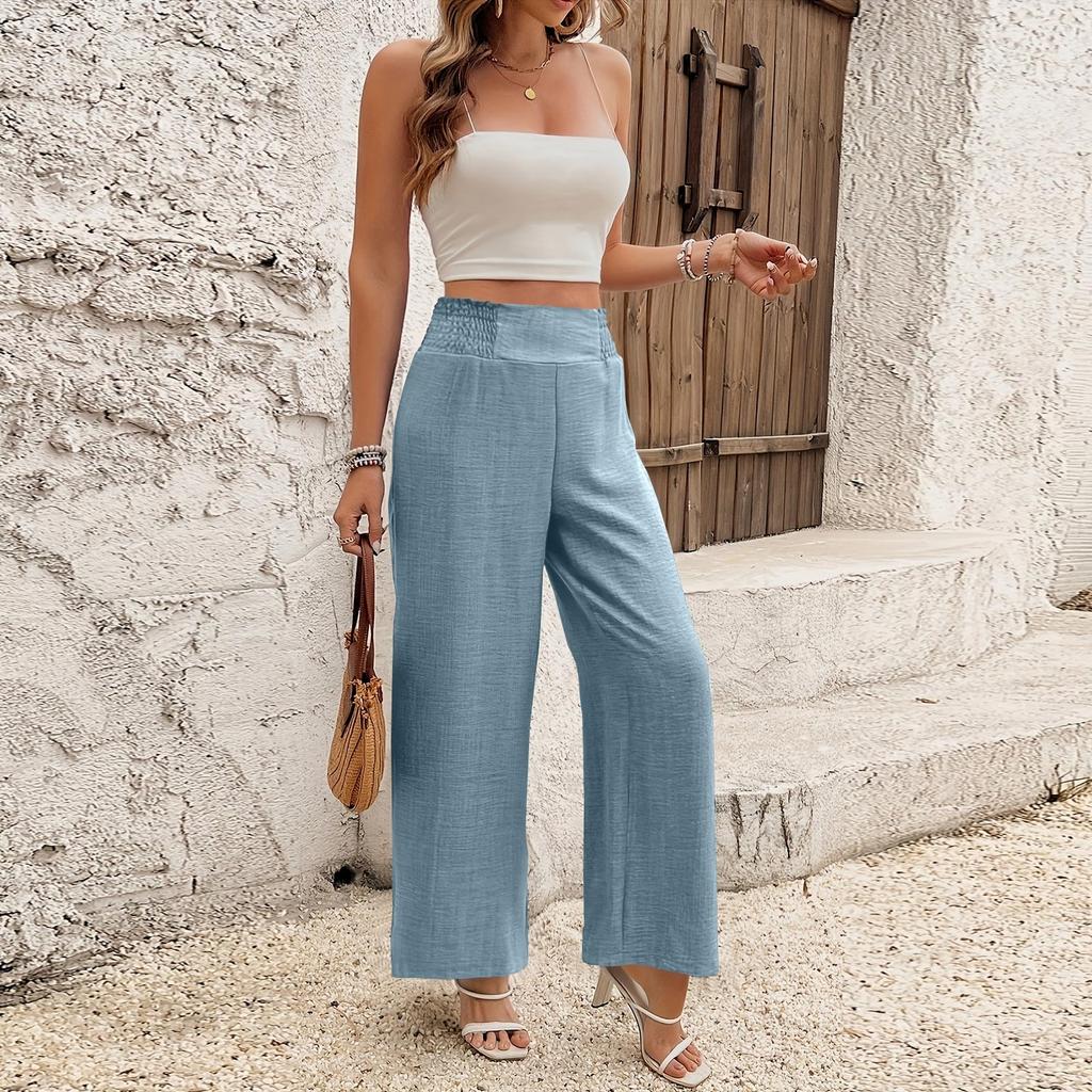 Women's Elastic High Waist Trousers Wide Leg Casual Loose Long Pants With Pocket