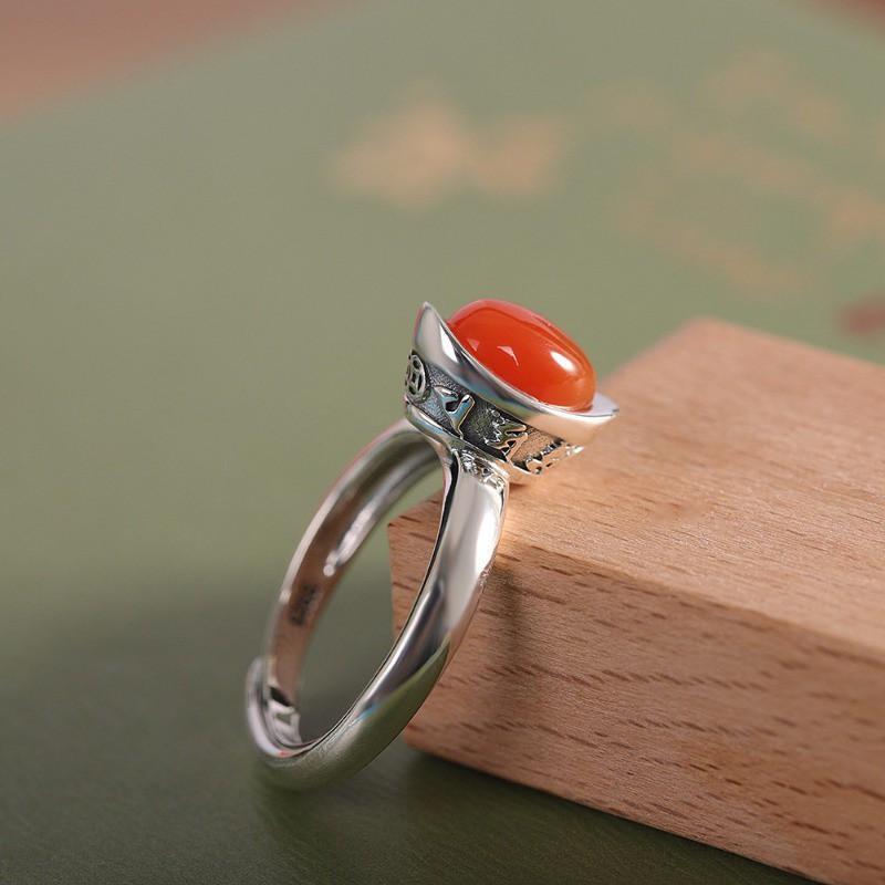 Adjustable Open Ring With Red Agate Inlay Vintage Chinese Style Coin Motif Unisex Fashion Jewelry