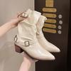 Fashion 2025 New Versatile Pointed Toe Single Boots Women Spring and Autumn New Retro Metal Buckle Soft Leather High Heel Mid-leg Boots