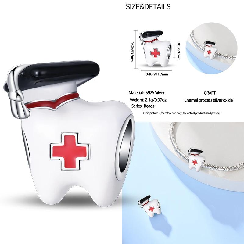 Медицинская коробка Шапочка медсестры Шармы-сердечки Зуб Стетоскоп Бусины Подходят для оригинального браслета 3 мм Женские Медные Изысканные Шармы Ювелирные изделия Подарки