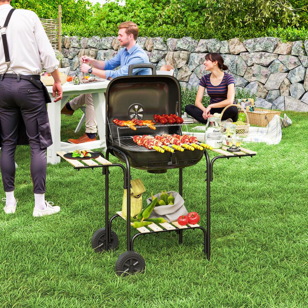Charcoal Grill Made of Steel Grill Cart with Lockable Lid Grill Grate Wheels Handle Wood Shelf 98 x 54 x 91 cm Black
