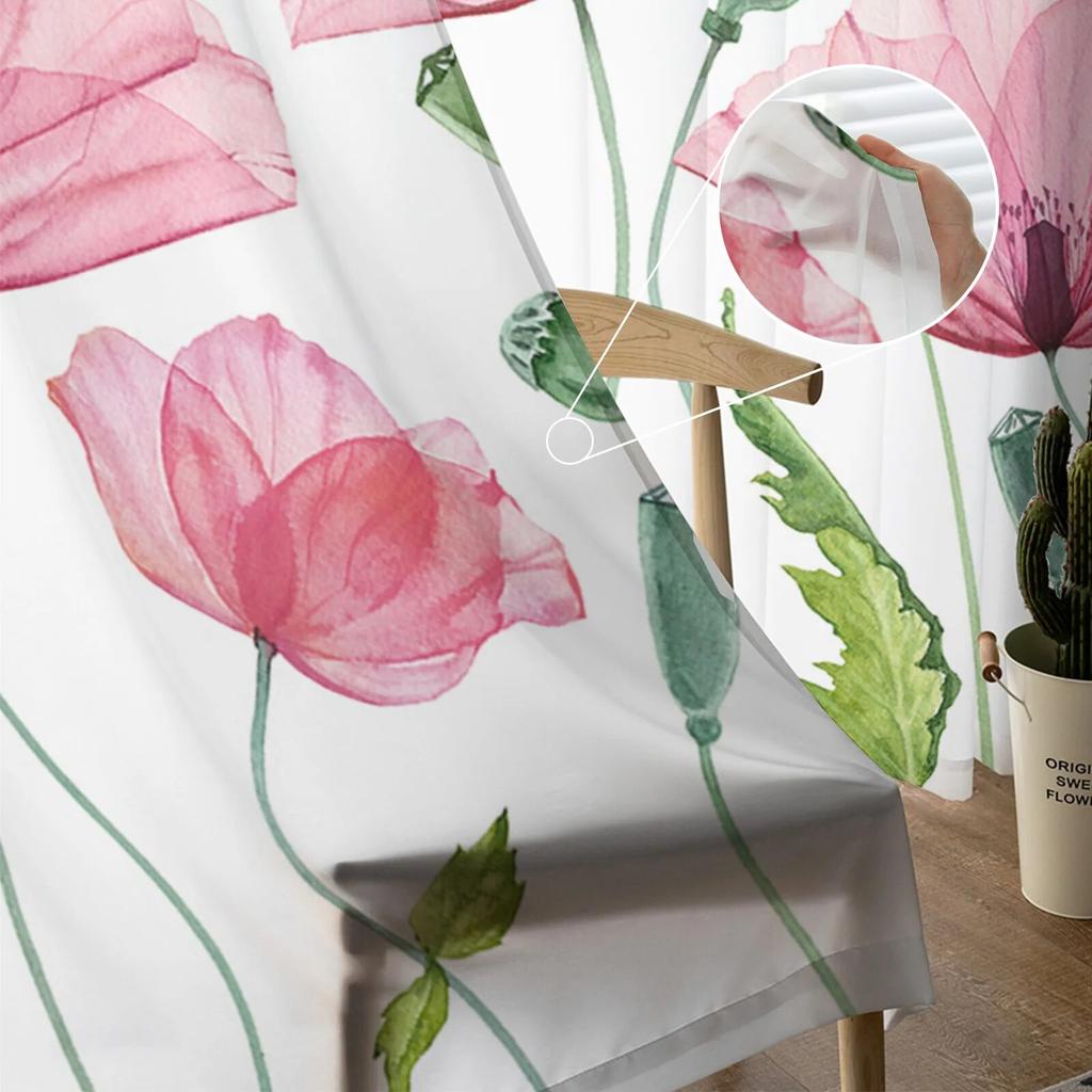 Тюлевые шторы с цветком мака и растением, модные прозрачные занавески с принтом для гостиной, окна, современный декор