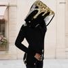 Women Plus Size Cold Shoulder Asymmetric Cutout Long Sleeve Hooded Shirt Black Gold Silver Printed