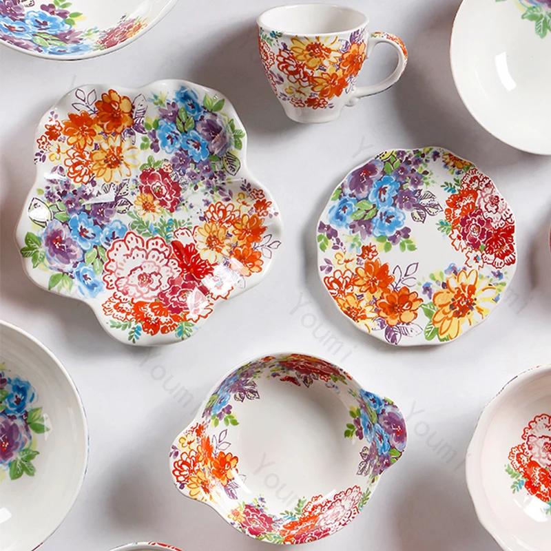 Цветная роспись Цветочные керамические миски Креативные необычные рестораны Фруктовая салатница Изысканная миска Набор тарелок Бытовая посуда