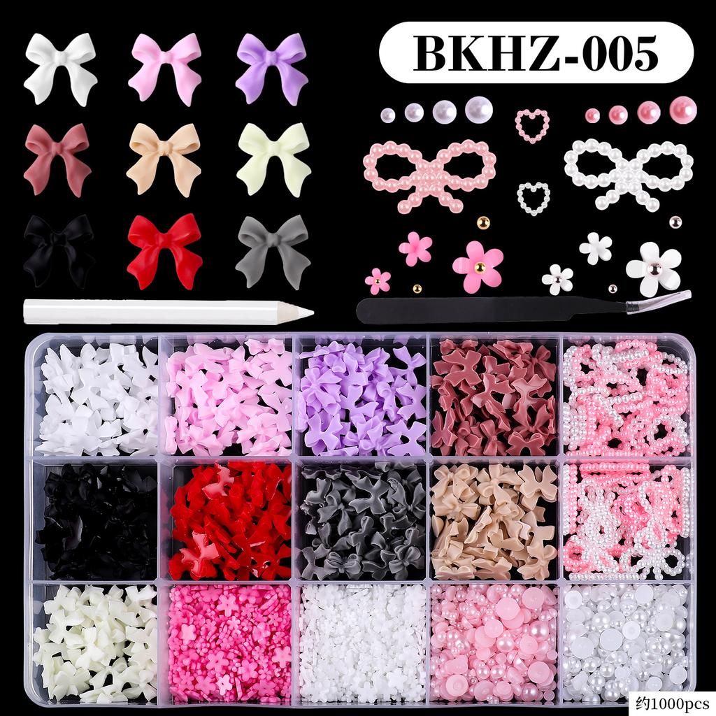 15Grids/box Mixed Resin Bowknot Nail Art Decorations 3D Acrylic Charms Kawaii Colorful Bow Rhinestone DIY Manicure Tools Parts
