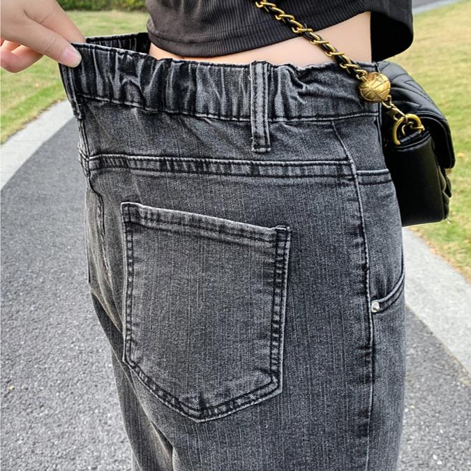 Весна Женские Джинсы Большого Размера Эластичные Пуговицы Прямые Базовые Брюки с Высокой Посадкой Синие Длинные Брюки