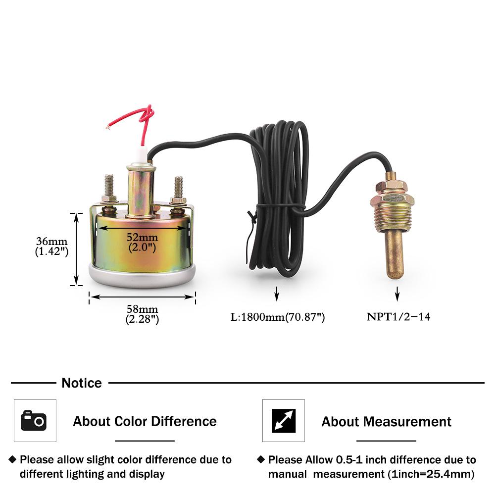 52MM 2 Inch Mechanical Water Temp Gauge 12V 38-121℃/100-250℉ Water Temperature Car Meter with NPT 1/2-14 Sensor