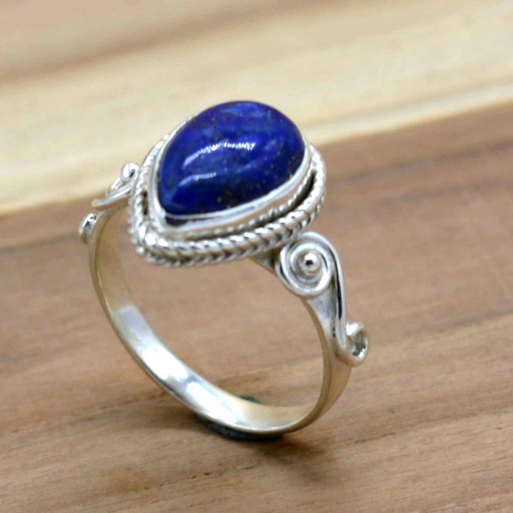 Серебряное кольцо с голубым лазуритом, каплевидным камнем для женщин, лазурит, декабрь, камень, серебро 925 пробы, уникальные украшения, подарок для нее