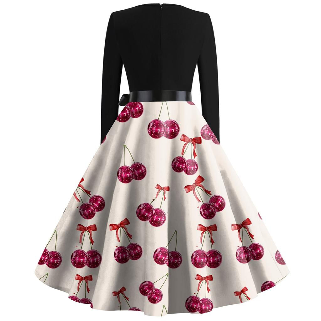 Женское платье с круглым вырезом и большим подолом, плиссированная юбка с длинными рукавами, платье