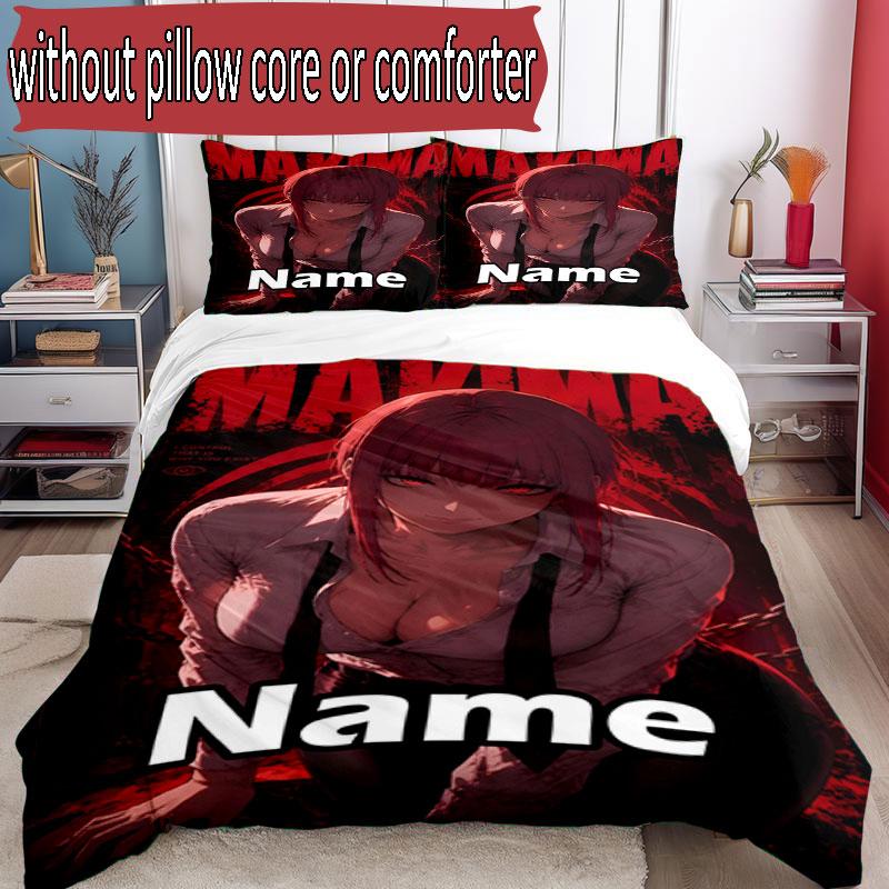 3pcs Duvet Cover Set (1*Duvet Cover + 2*Pillowcase, Without Core), Custom Name Makima Chainsaw Man Pattern Bedding Set, Home Bedroom Decor Gift