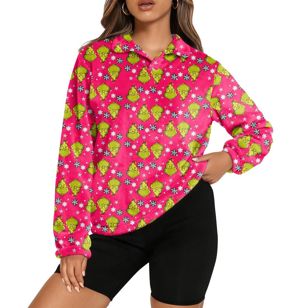 Women's Stand Collar Pullover Long Sleeve Top Christmas Print Sports Top