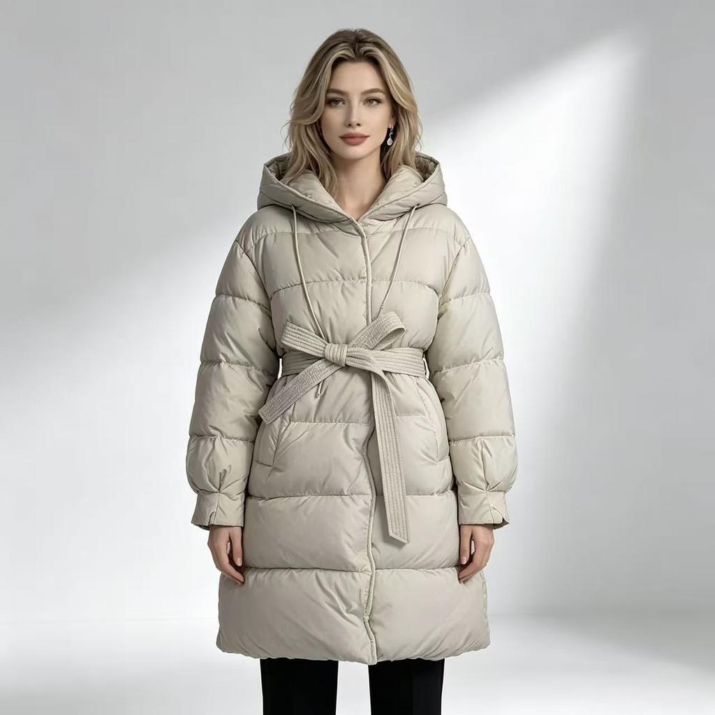 Winter medium and long hooded cotton-padded clothes for women with waist straps and thin knee-length thickened loose cotton-padded jacket