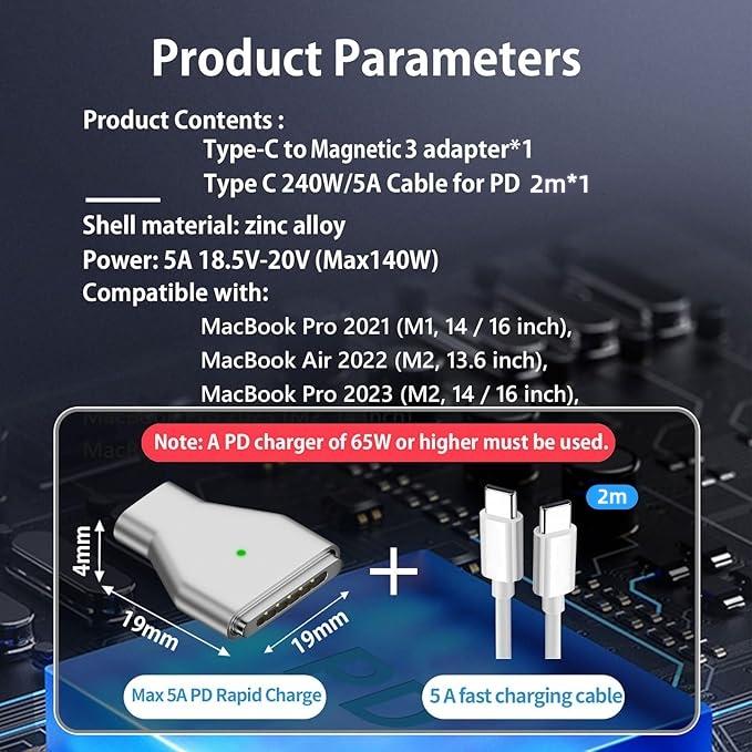 USB C to Magnetic 3 140W Charging Adapter Compatible with MacBook Pro 2023(M2,14/16 inch),Air 2022(M2),Pro 2021(M1,14/16 inch)