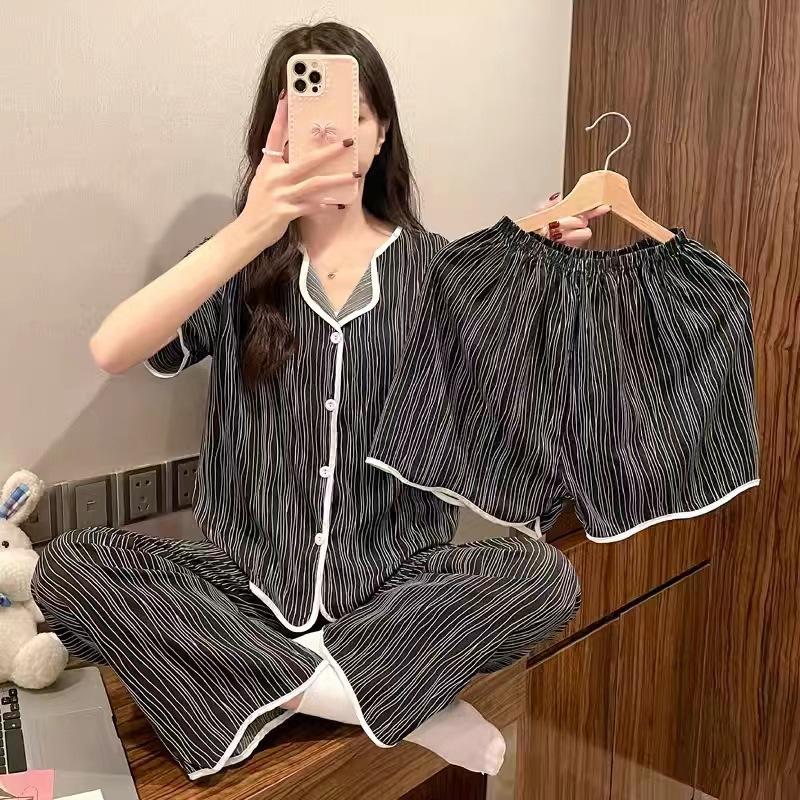 Women's New Pajamas Women's Summer Short-Sleeved Thin Section of The Large Size Loose Simple Lapel Homewear Three-Piece Suit